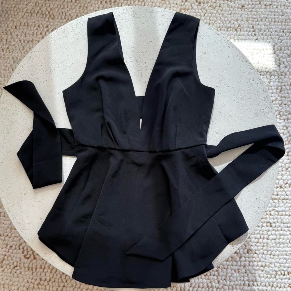 Black Peplum Top with Tie Waist